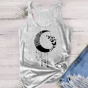 Grey modal round neck sleeveless tank top for women with cute moon and butterfly print.