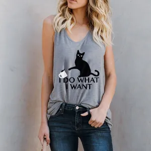 Camiseta de tirantes de modal para mujer con cuello redondo, estampado de gato negro y frase.