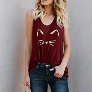 Women's modal round neck sleeveless tank top with cute cat print, casual breathable summer shirt.