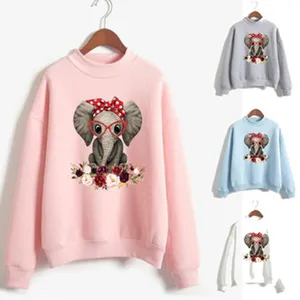 Women cute cartoon elephant print high neck long sleeve casual pullover sweatshirt top