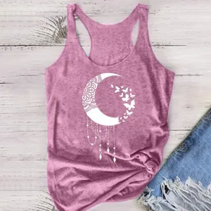 Casual modal round neck sleeveless tank top featuring moon and butterfly print, apparel detail view.