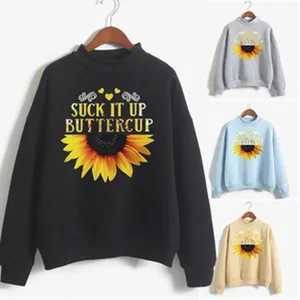 Detail view of the sunflower print mock neck sweatshirt with multi-color options displayed.