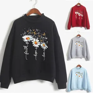 Women fall winter high neck long sleeve sweatshirt with daisy butterfly print casual pullover