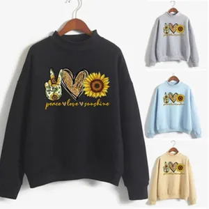 Womens high neck graphic sweatshirt multi color detail view showing peace love sunflower.