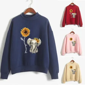 Women cute elephant sunflower print high neck long sleeve sweatshirt casual pullover top