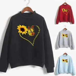 Women's Autumn Winter Turtleneck Long Sleeve Sweatshirt Sunflower Butterfly Casual Pullover Top