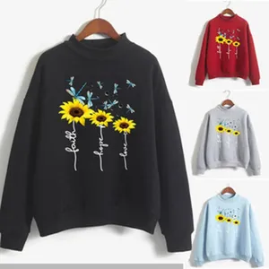Women's autumn winter high collar sweatshirt with sunflower dragonfly print casual pullover top