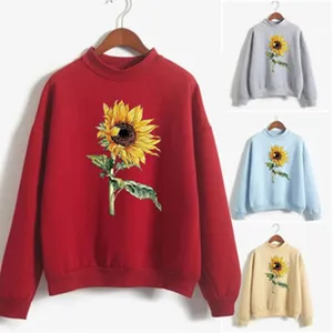 Women Sunflower Print Turtleneck Long Sleeve Sweatshirt Casual Fall Winter Pullover Top