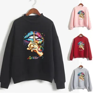 Women casual high-neck long sleeve sweatshirt featuring vibrant colorful lip graphic design.