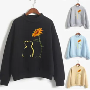 Women's autumn winter high neck sweatshirt casual long sleeve top with cat sunflower print