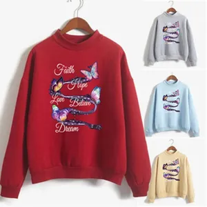 Women's autumn winter high neck sweatshirt long sleeve casual pullover with butterfly print