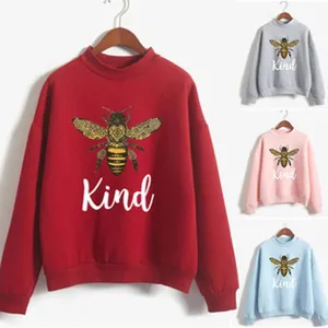 Women autumn high neck sweatshirt with bee print and letter detail, casual long sleeve top.