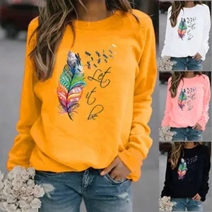 Damen lässiger Langarm-Sweatshirt mit Rundhalsausschnitt und buntem Feder-Druckdesign.