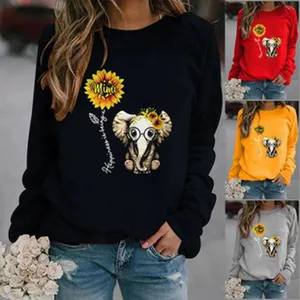 Damen süßer Elefant Sonnenblume Druck langarm Rundhalsausschnitt Pullover Sweatshirt.