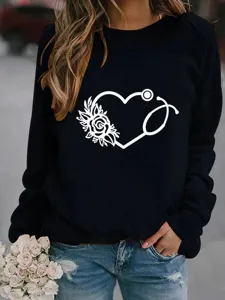 Damen schwarzes langarm Sweatshirt mit medizinischem Herz Stethoskop und Blumen Print.