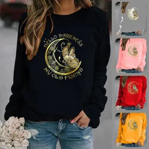 Lässiges Damen Langarm Sweatshirt mit Rundhalsausschnitt und Mond Schmetterling Print.