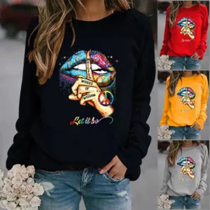 Damen Langarm Rundhals Sweatshirt mit stylischem Lippen Grafikprint für den lässigen Alltag.