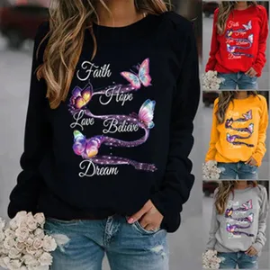 Damen Langarm Rundhals Pullover mit Schmetterling Muster Freizeit Oberteil Neu Top