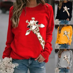 Damen lässiges Langarm-Sweatshirt mit Rundhalsausschnitt und süßem Giraffen-Grafikdruck.