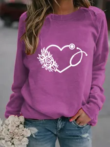 Damen Langarm Rundhals Sweatshirt Freizeit Pullover Oberteil mit medizinischem Blumen Herz Print