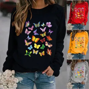 Damen Langarm Rundhals Sweatshirt Lässiger Bunter Schmetterling Druck Pullover Top