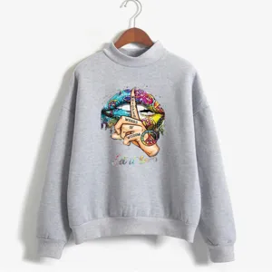Women graphic print turtleneck long sleeve grey sweatshirt casual streetwear autumn top