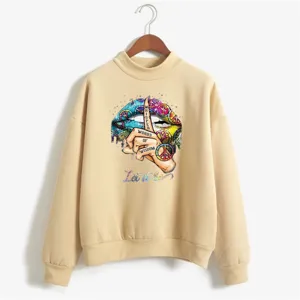 Women casual apricot turtleneck long sleeve fleece sweatshirt with colorful graphic print
