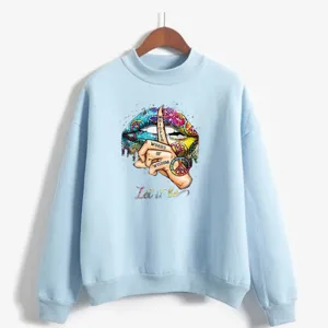 Light blue casual crewneck sweatshirt with colorful lips graphic print for women fashion