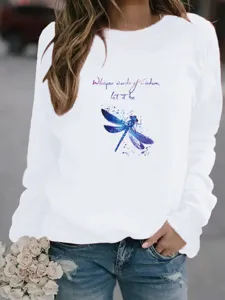 2024 Women Long Sleeve Crewneck Sweatshirt Casual Animal Dragonfly Print Pullover Top
