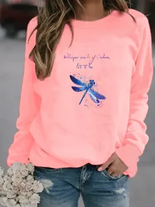 Women casual long sleeve crewneck sweatshirt with dragonfly graphic print and text top.