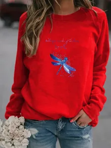 Women's Red Crewneck Sweatshirt Long Sleeve Blue Dragonfly Print Casual Pullover Top