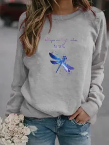 Casual grey women sweatshirt featuring a blue watercolor dragonfly print and long sleeves.