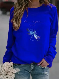 Women royal blue crewneck sweatshirt with dragonfly graphic print casual long sleeve top