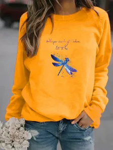 Women casual crewneck sweatshirt orange long sleeve top with blue dragonfly print and text 2024