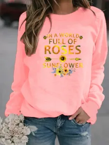 Casual dames sweater met lange mouwen en ronde hals met inspirerende zonnebloem print.