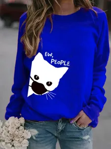 Felpa girocollo blu royal con una simpatica grafica di gatto e stampa di lettere per donna.