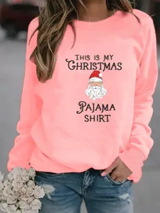 Women's pink long sleeve crewneck sweatshirt with cute Christmas Santa graphic and letter print.
