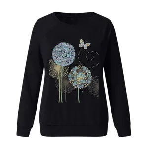 Black long sleeve sweatshirt featuring a colorful dandelion and butterfly print.