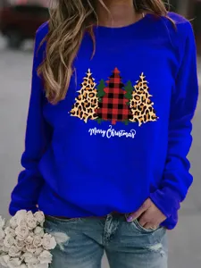 Donna Albero di Natale Stampa Leopardo Manica Lunga Felpa Girocollo Pullover Casual Top