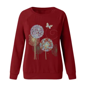 Women long sleeve red sweatshirt with dandelion print casual pullover top detail view