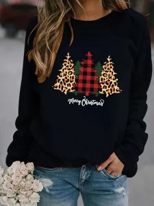 Felpa da donna con stampa di alberi di Natale leopardo e tartan elegante comodo top invernale