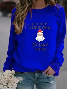 Royal blue Christmas pullover sweatshirt featuring holiday letter and Santa graphic print.