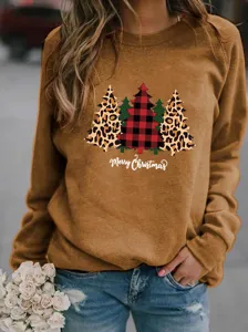 Natale leopardo plaid albero stampa girocollo felpa donna casual manica lunga top