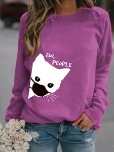 Felpa casual da donna viola girocollo con stampa di gatto e lettere alla moda e comoda.