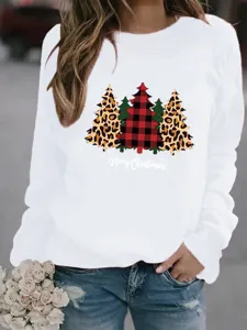 Natale felpa girocollo manica lunga stampa albero leopardo quadri donna inverno top