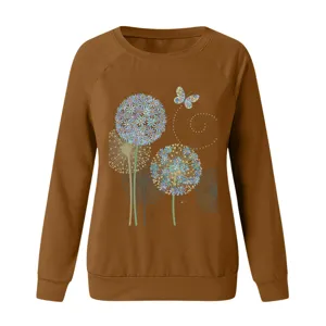 Detail of brown long sleeve sweatshirt featuring beautiful dandelion and butterfly print design.