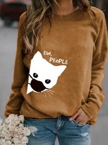 Felpa casual a maniche lunghe con scollo rotondo, stampa di gatto carino e lettere divertenti.