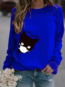 Felpa blu a maniche lunghe con scollo rotondo e stampa grafica di gatto carina per donna.