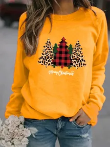 Felpa girocollo con stampa leopardo albero di Natale, pullover casual a maniche lunghe.