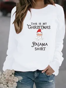 Christmas Santa Claus print crewneck long sleeve sweatshirt for women casual white pullover top